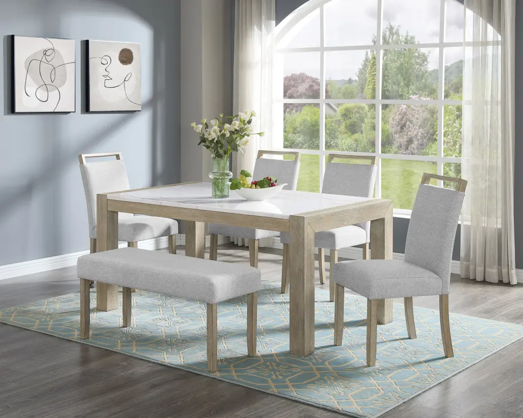6Pc Dining Set Contemporary Style White Authentic Marble Stone Rectangular Table kanepe