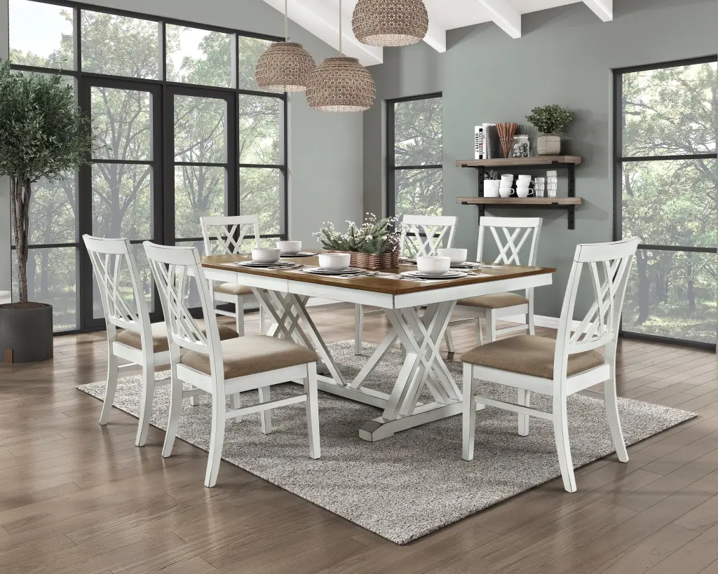 Modern White And Oak Finish 7 Piece Dining Set Extension Leaf Table kanepe