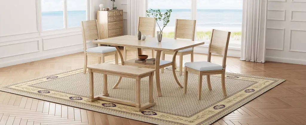 6 Piece Wood Dining Table Set Storage Shelf and Curved Legs Kitchen Furniture rnb