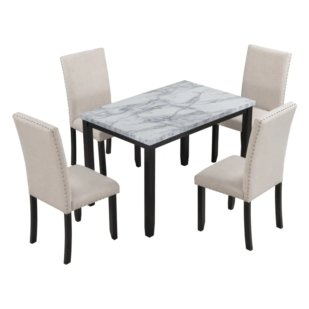 Faux Marble 5 Piece Dining Set Table 4 Thicken Cushion Dining Chairs trexm