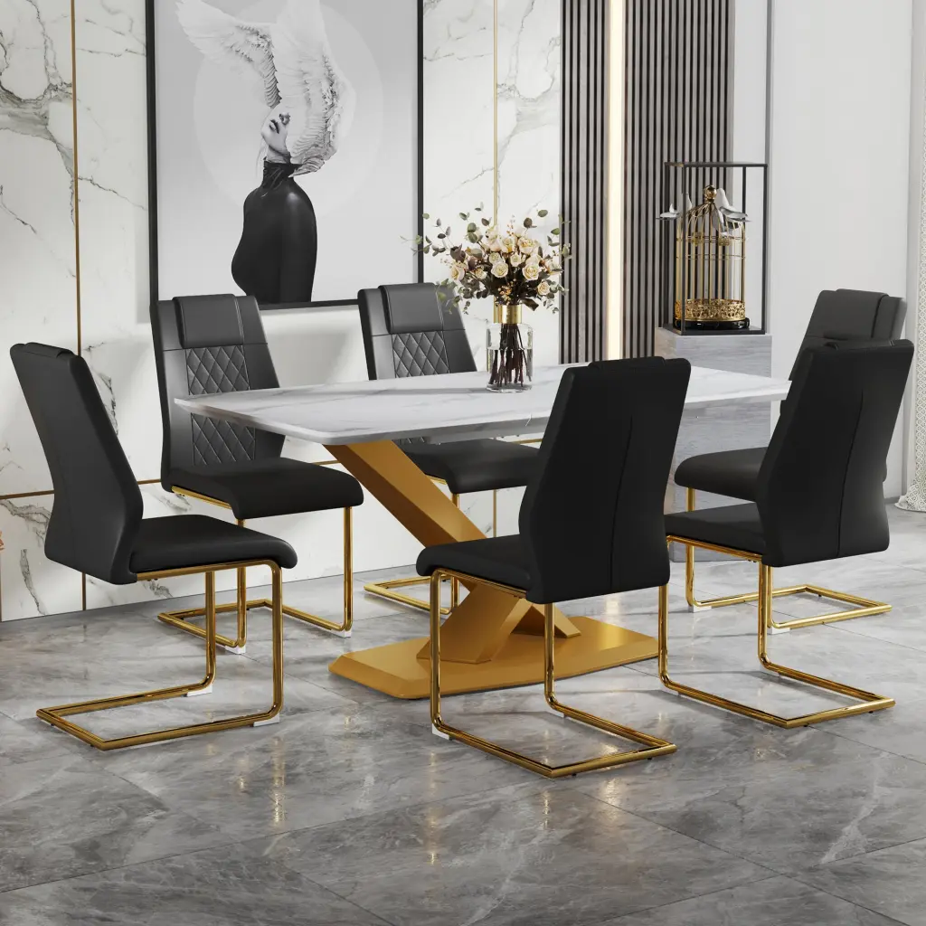 Table And Chair Set Marble Patterned MDF Modern Dining Set droom w-1151
