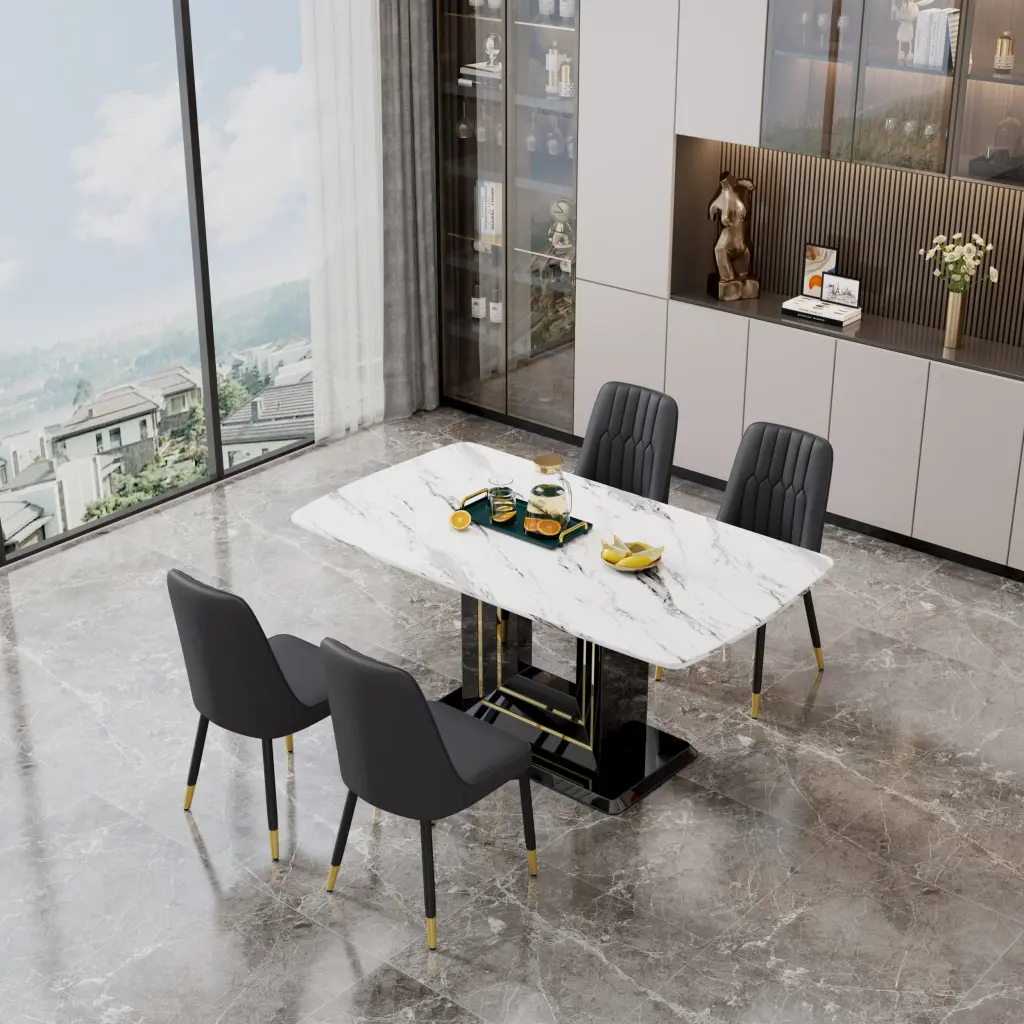 Table and Chair Set 1 Table 4 Black PU Chairs White Imitation Marble Top droom w-1151