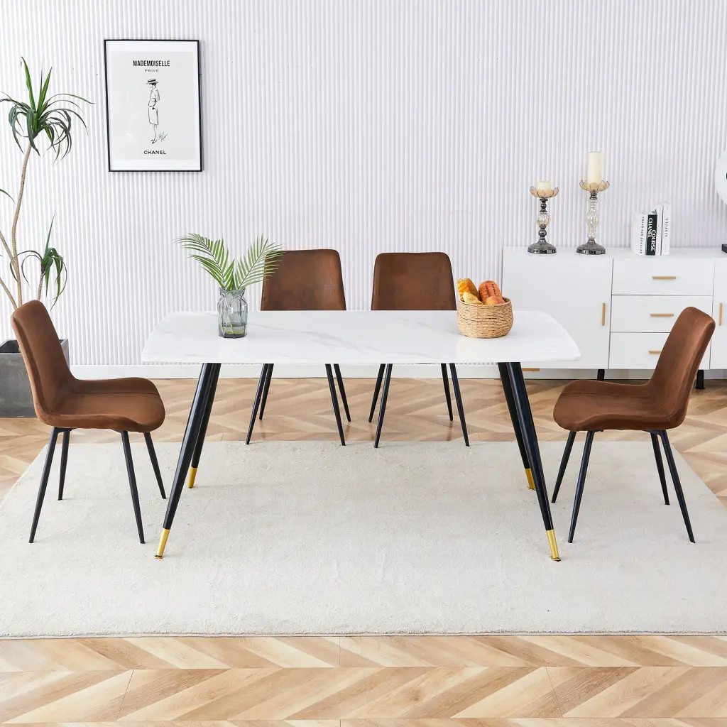 Table And Chair Set White Imitation Marble Texture Rock Board Table Top Dining Set droom w-1151