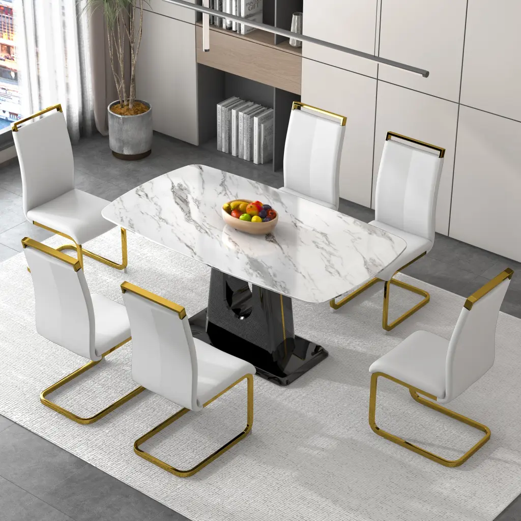 1 Table and 6 Chairs Modern Effortless and Opulent White Imitation Marble Dining Set droom w-1151