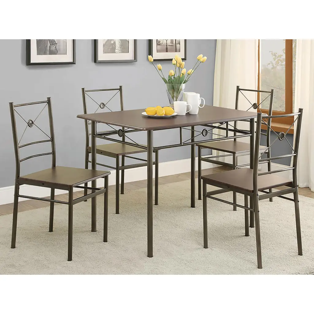 Walnut and Dark Bronze 5 Piece Rectangle Dining Set Metal and Wood Finish furniture max