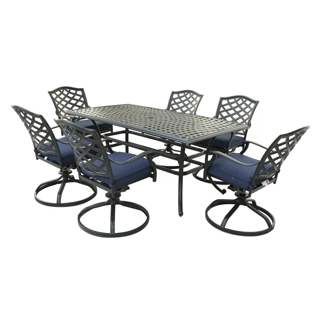 Rectangular 6 Person 68'' Long Aluminum Dining Set Navy Cushions gathercraft