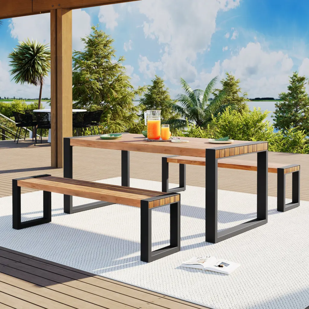 3 Piece Outdoor Dining Table 2 Benches Patio Furniture Set go