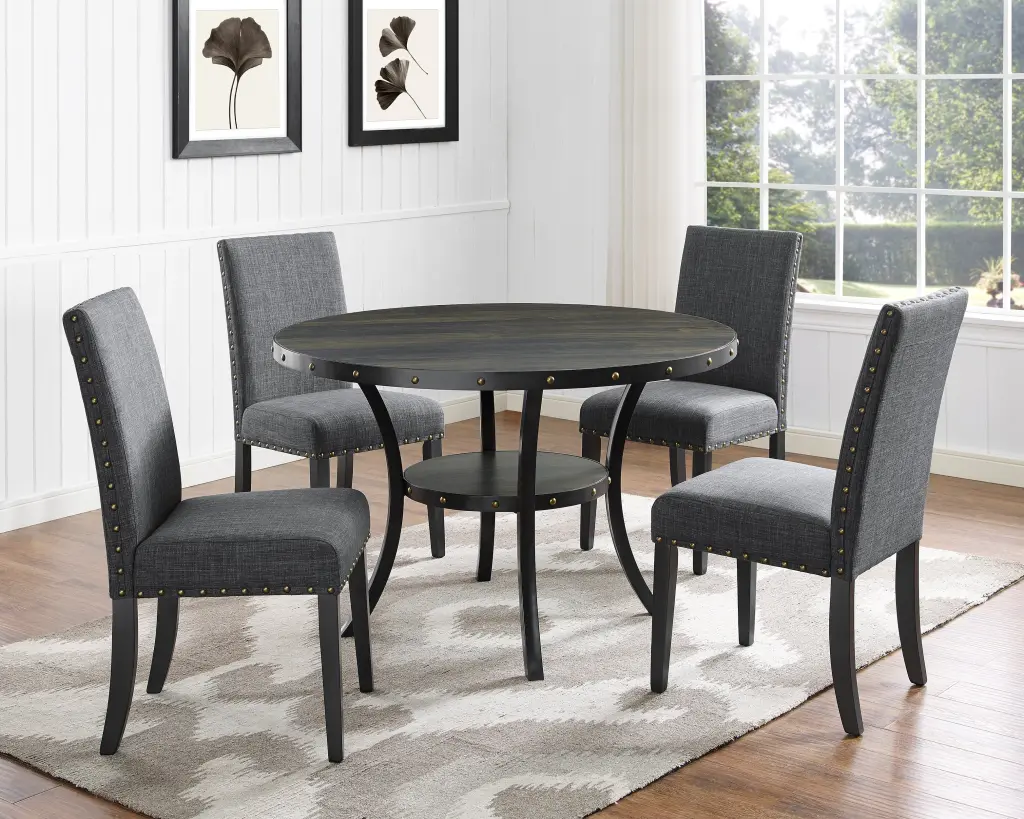 Biony Espresso Wood Dining Set Gray Fabric Chairs Wood Dining Room hz