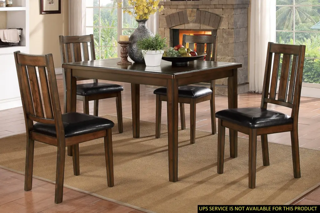 Dark Brown Cherry Finish 5 Piece Dining Set Table 4 Chairs Black Faux Leather kanepe