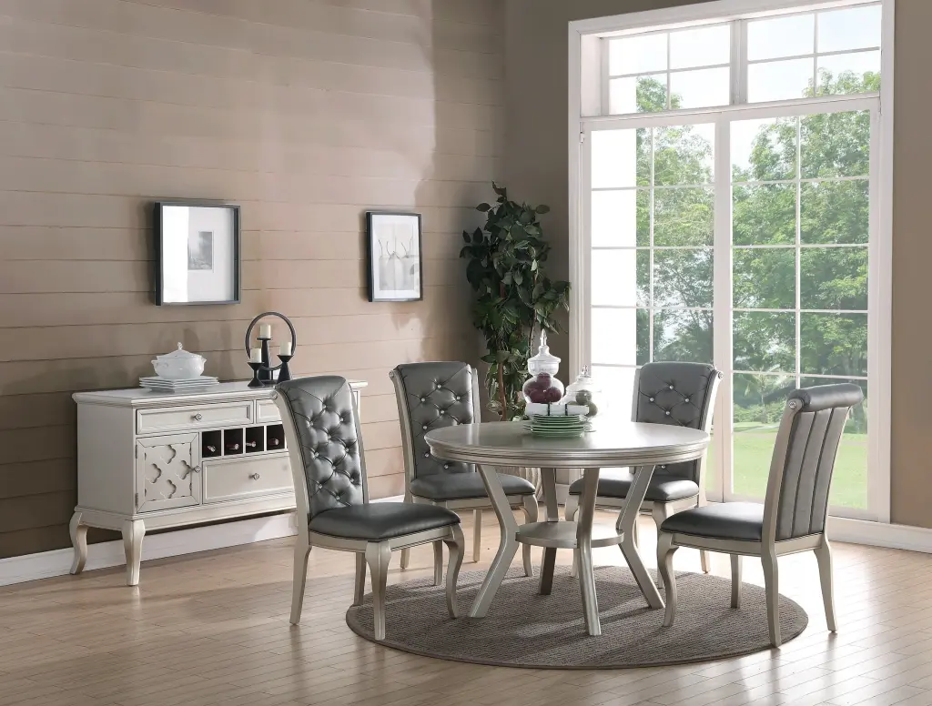 Formal Traditional Dining Table Round Table Silver Hue 5Pc Dining Set kanepe