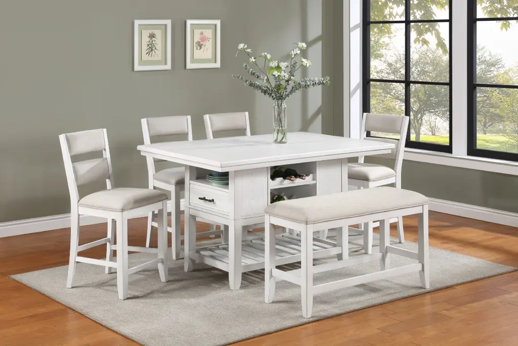 6 Piece Counter Height Dining Set White Rectangular Table Wine Bottle Storage kanepe
