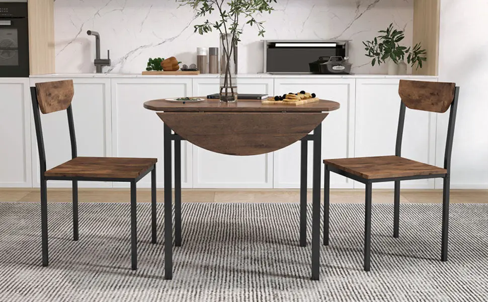 Modern 3 Piece Round Dining Table Set Drop Leaf and 2 Chairs topmax