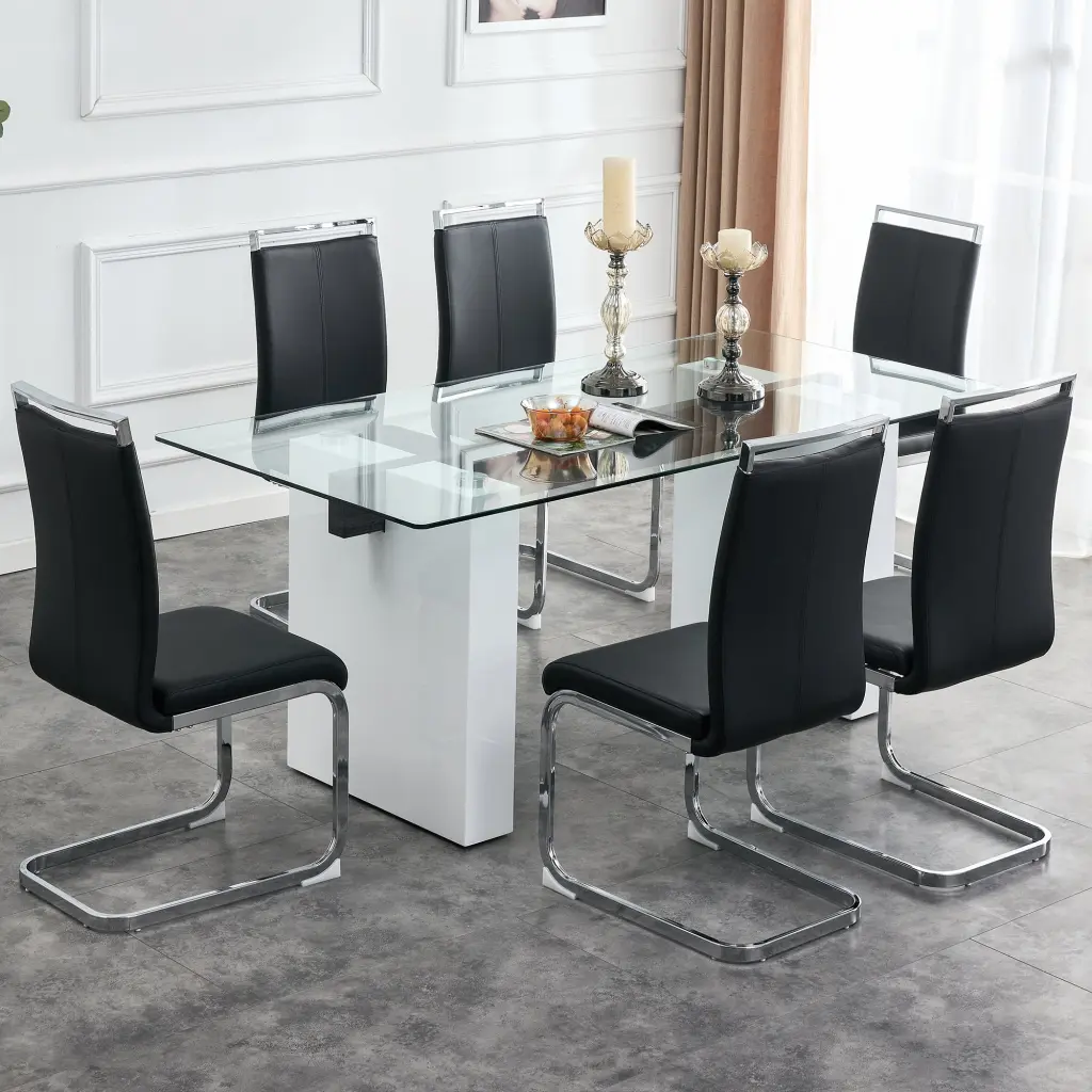 Large Modern Rectangular Dining Table and Chair Set Glass Top droom w-1151
