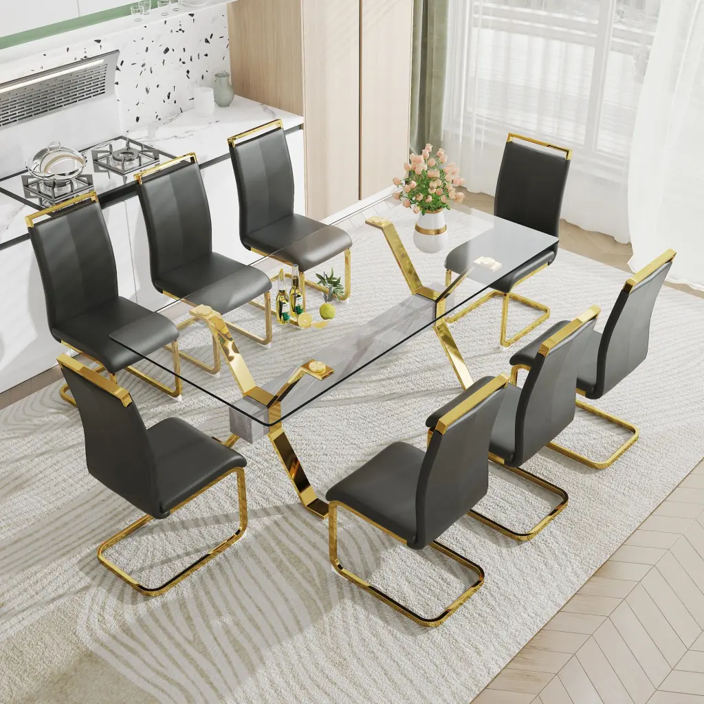 Modern Effortless Premium Tempered Glass Rectangular Dining Table And 8 Chairs Set droom w-1151