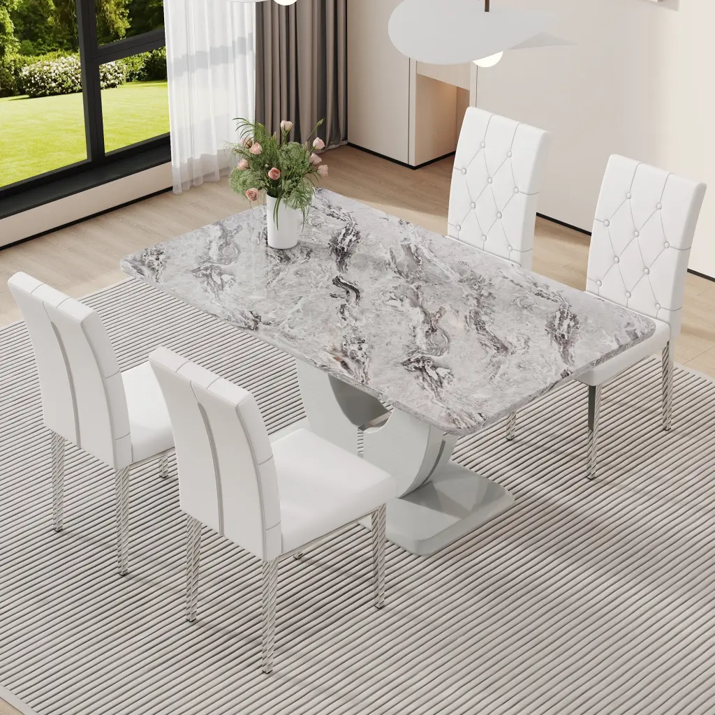 Modern Minimalist Marble Textured Rectangular Dining Table and Chair Set 4 Seater droom w-1151