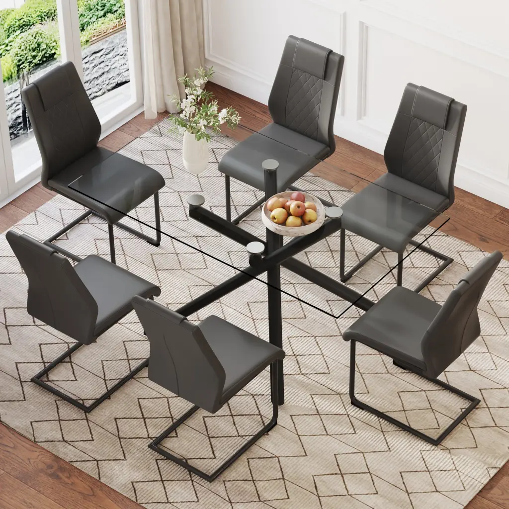 Modern Rectangular Glass Dining Table and Chair Set 0.39 Inch Thick Top droom w-1151