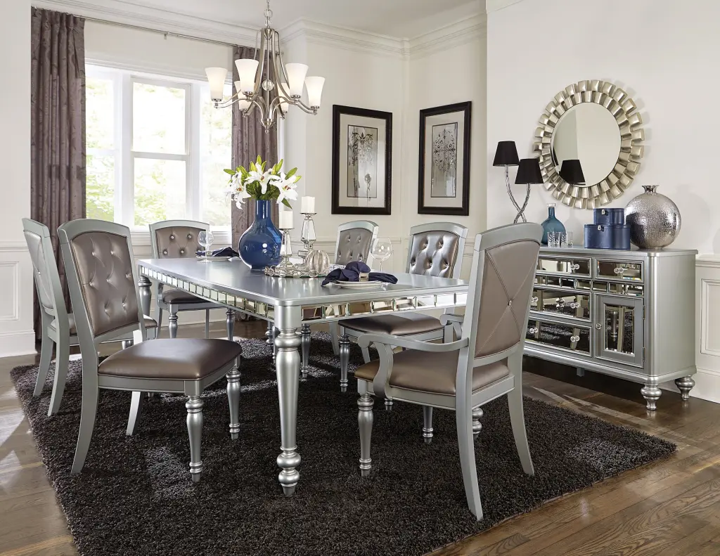 Glamorous Silver Finish Dining Set 7 Piece Table 2 Armchairs and 4 Side Chairs kanepe