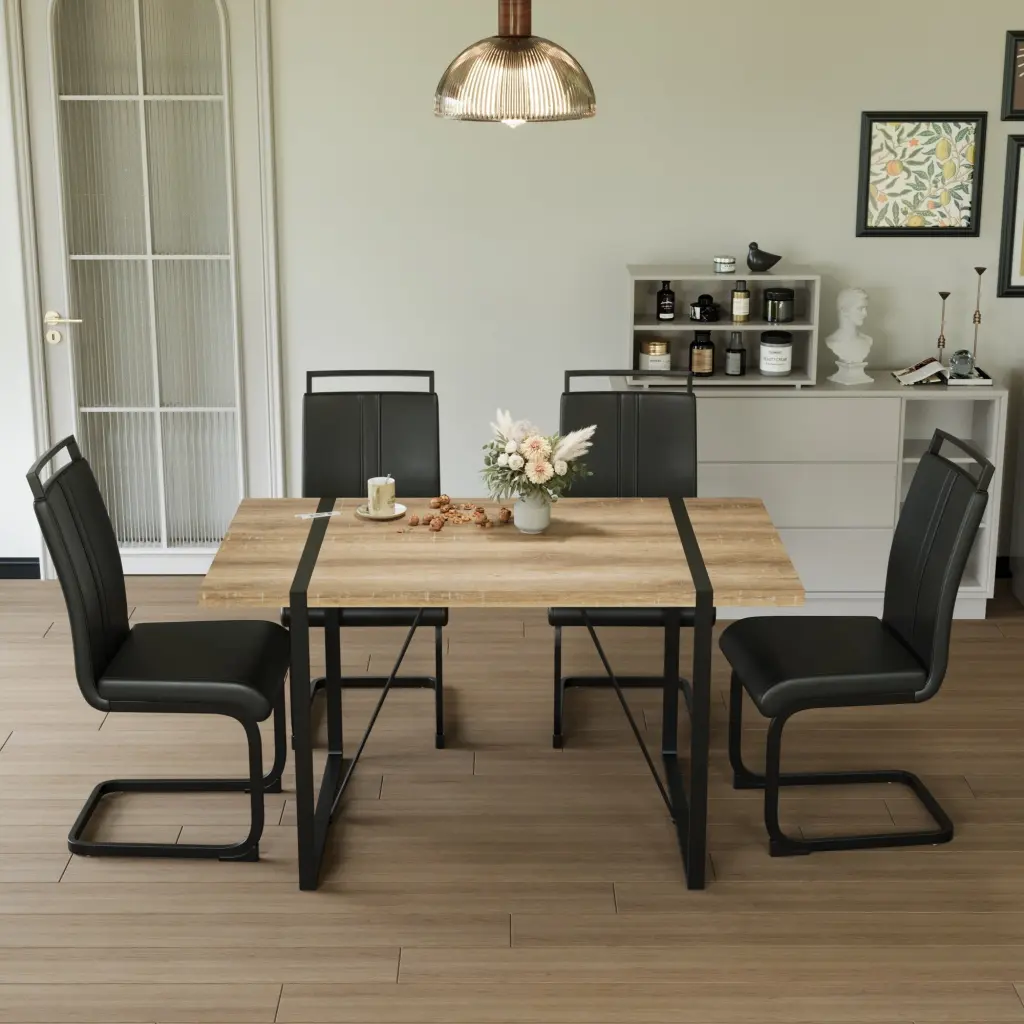 55 Inch Rural Industrial Rectangular MDF Wood Dining Table Set PU Arm Chairs nuoli furniture