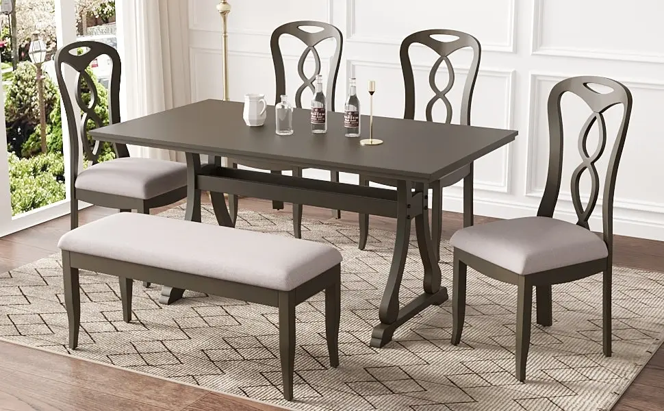 Retro 6 Piece Trestle Dining Table Set Upholstered Dining Chairs rnb