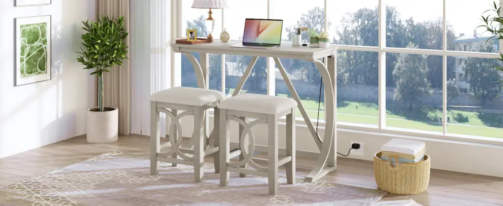 Farmhouse 3 Piece Counter Height Dining Table Set USB Port topmax