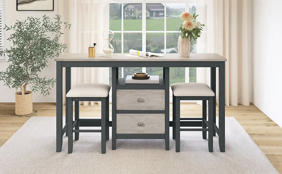 Farmhoutilize Rustic 3 Piece Counter Height Wood Dining Table Set Cabinet topmax