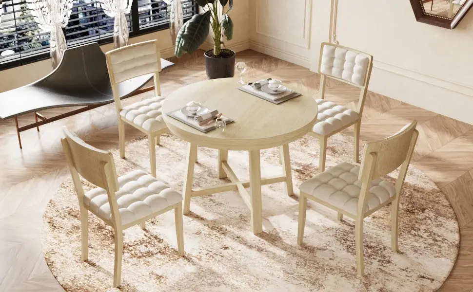 Rustic 42 Inch Round Dining Table Set Cross Legs and Upholstered Chairs Farmhouse Style topmax