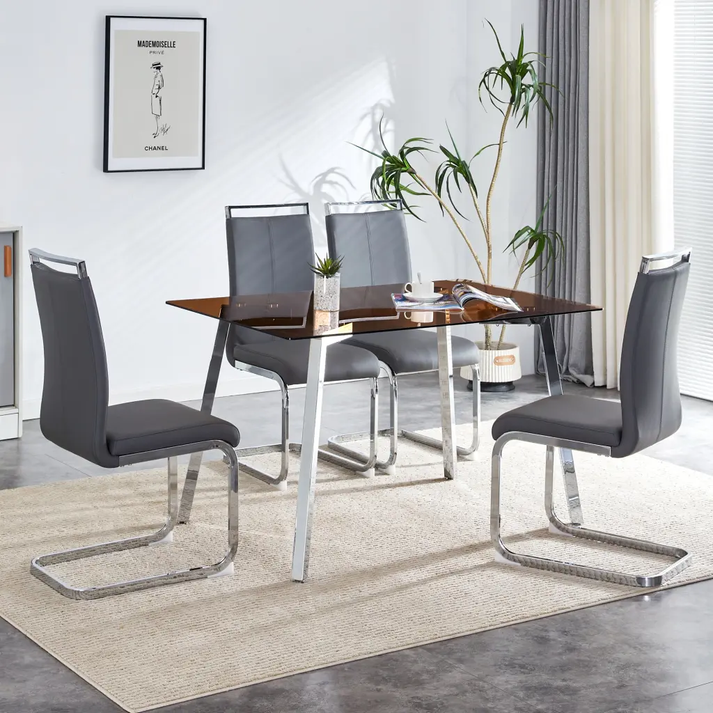 1 Table And 4 Chairs Brown Tempered Glass Tabletop And Silver Metal Dining Set droom w-1151