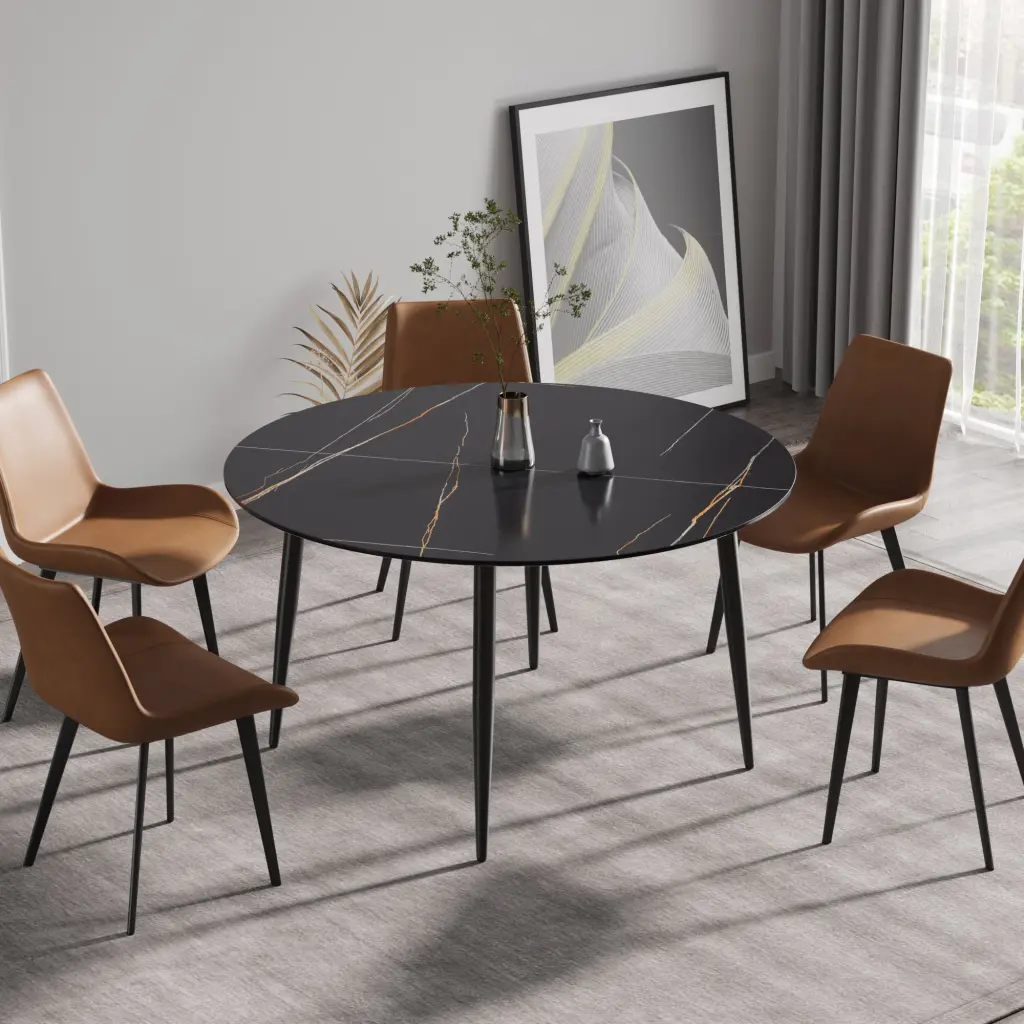 53.15 Inch Modern Artificial Stone Black Round Dining Table Black Metal Base atunus