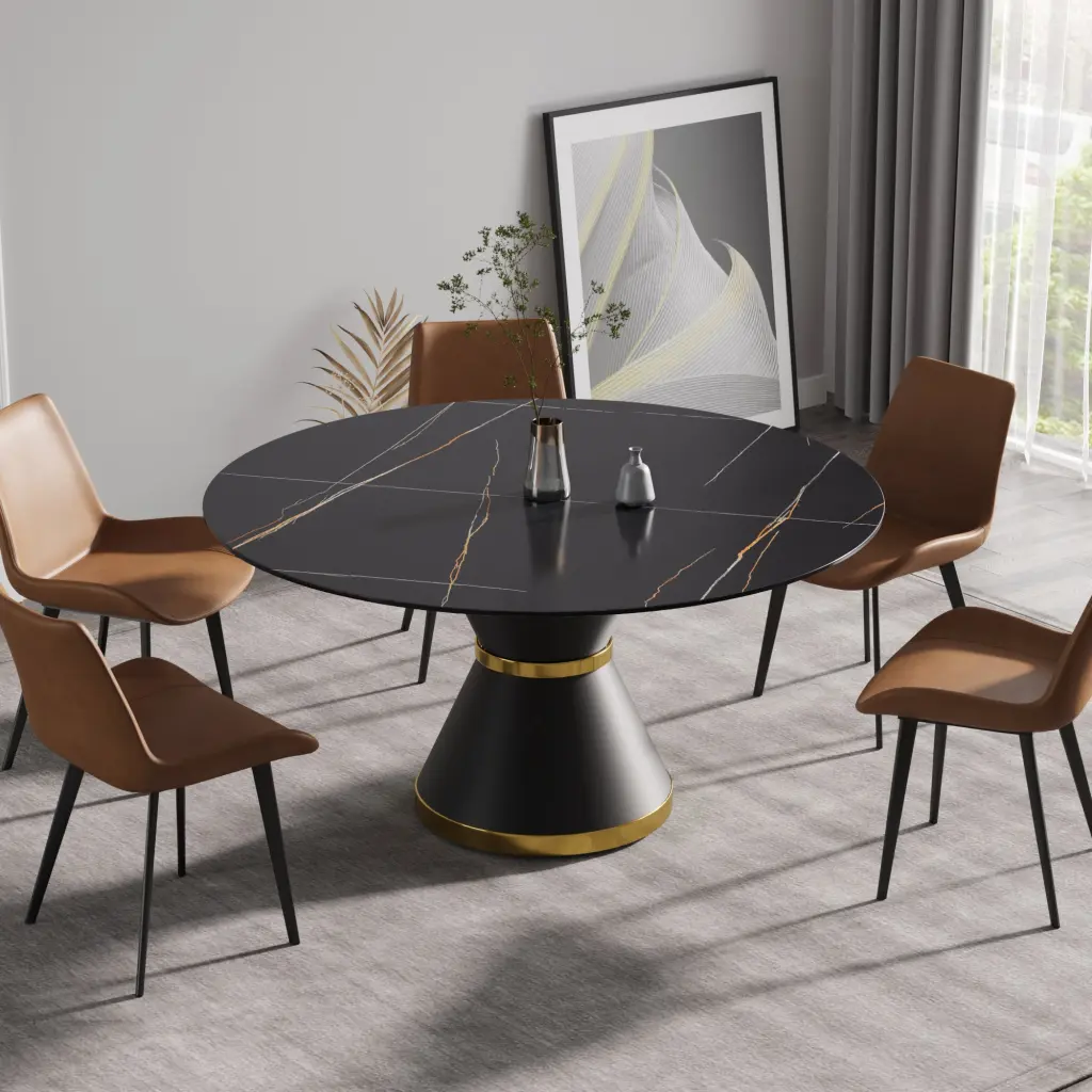 59.05 Inch Modern Artificial Stone Round Black Carbon Steel Base Dining Table atunus