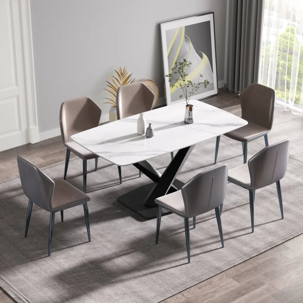63 Inch Modern Artificial Stone White Curved Black Metal Leg Dining Table atunus