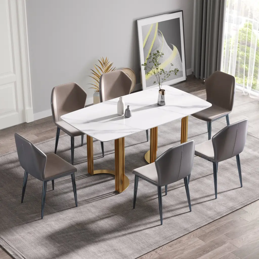 63 Inch Modern White Artificial Stone Dining Table Golden Metal Legs atunus