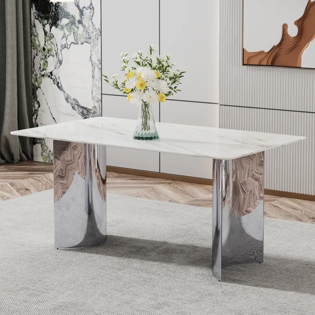 Modern Minimalist Dining Table White Imitation Marble Glass Sticker Small Spaces droom w-1151