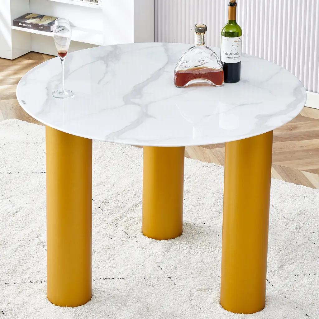 Round White Dining Table Artificial Marble Glass Stickers and Golden MDF Base droom w-1151