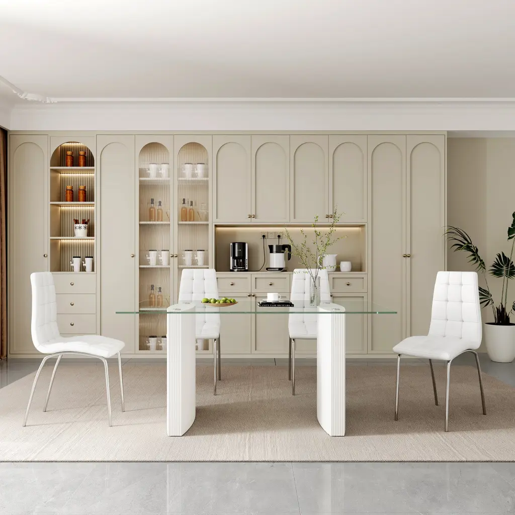 0.39 Inch Thick Tempered Glass Top Dining Table White Lacquer Double Base w1311 artisan furniture