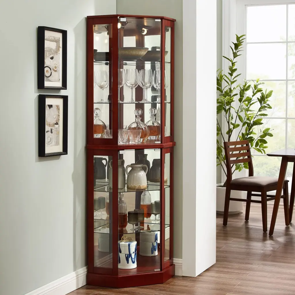 6 Shelf Corner Curio Presentation Cabinet Lights Mirrors Adjustable Glass Shelves harmony