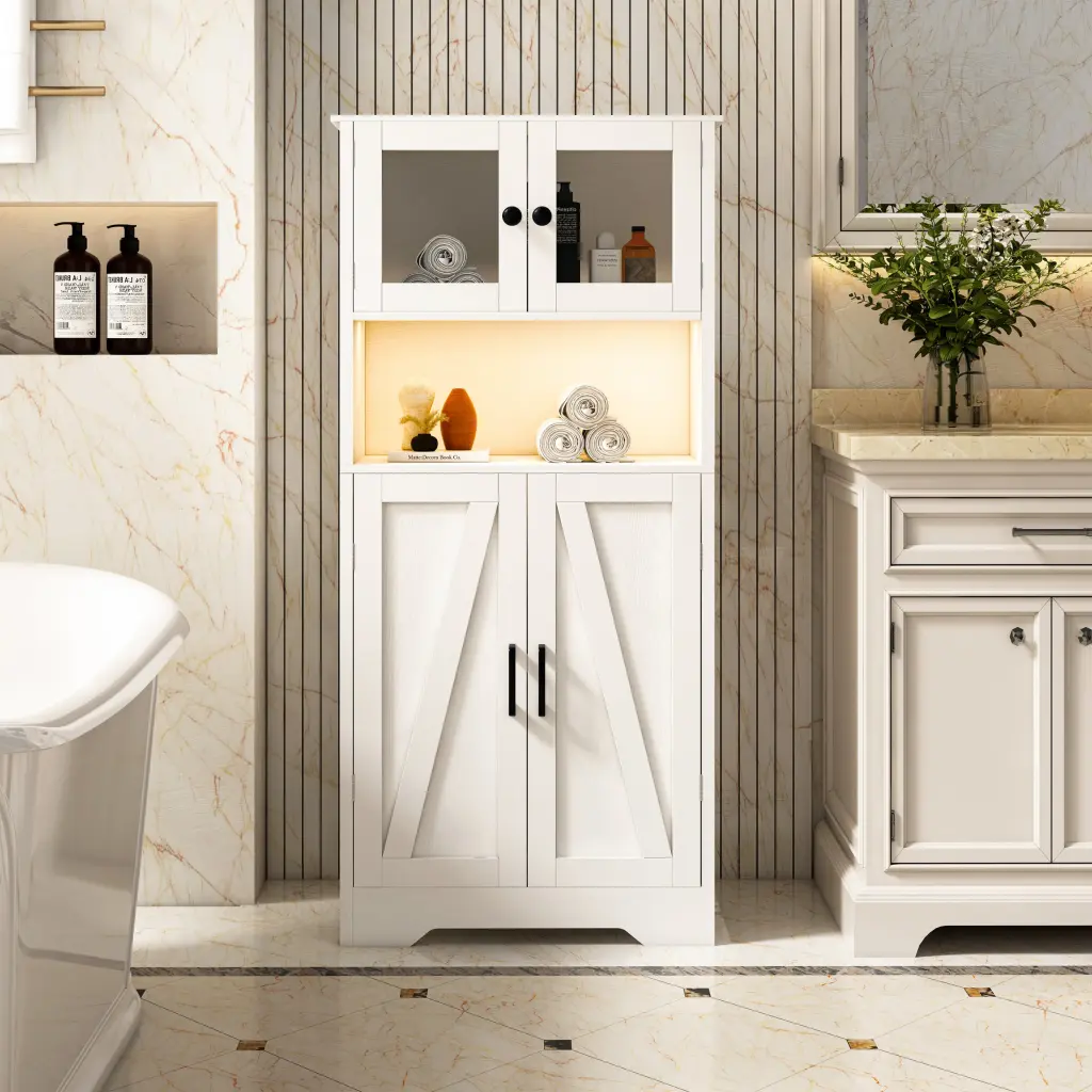 Four Door Storage Cabinet LED Light Open Shelf Presentation Cabinet rnb