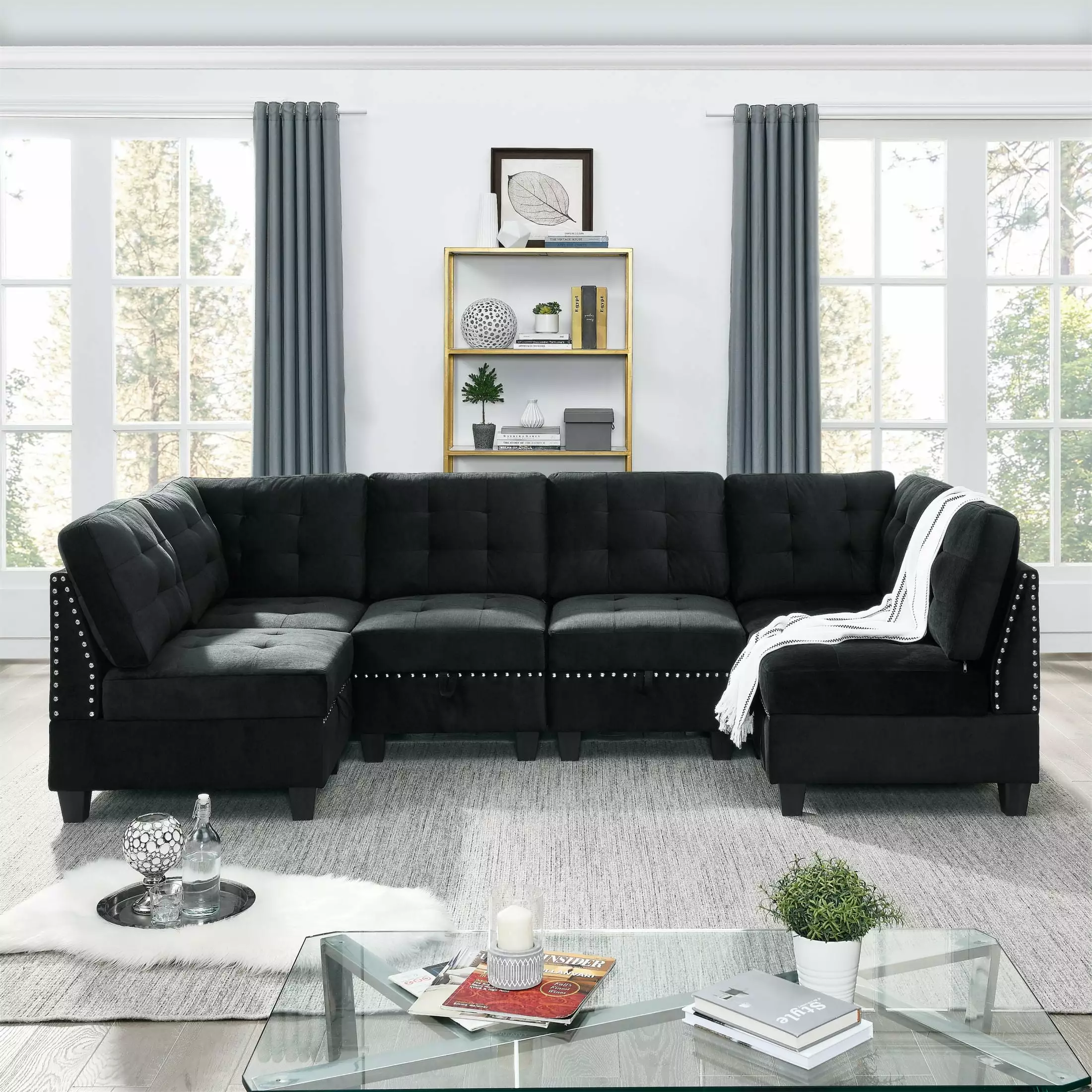 Modular Sectional Sofa DIY Combination Four Single Chairs and Two Corners - Black Velvet CNCJ