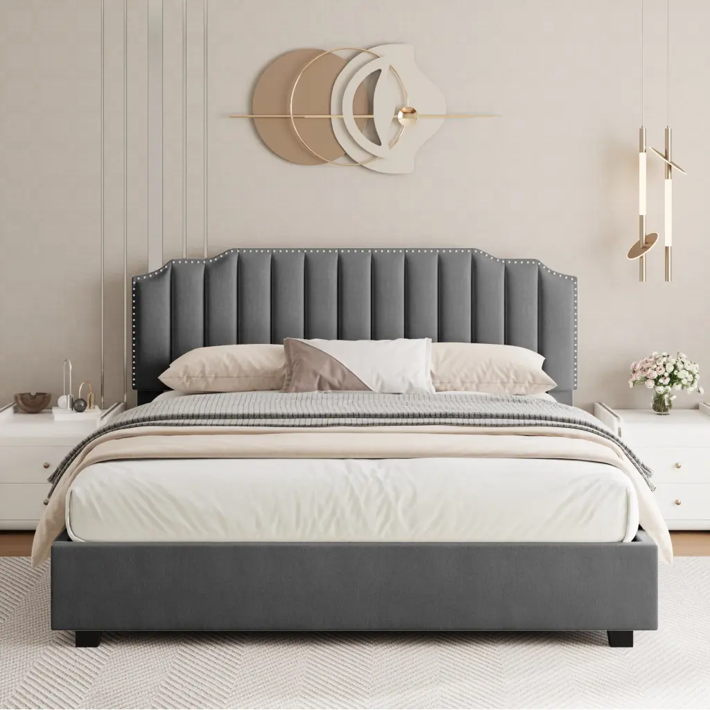 Lift Up Double Size Bed Gray Velvet Box Spring Not Required Full Gray Storage Bed aobang furniture