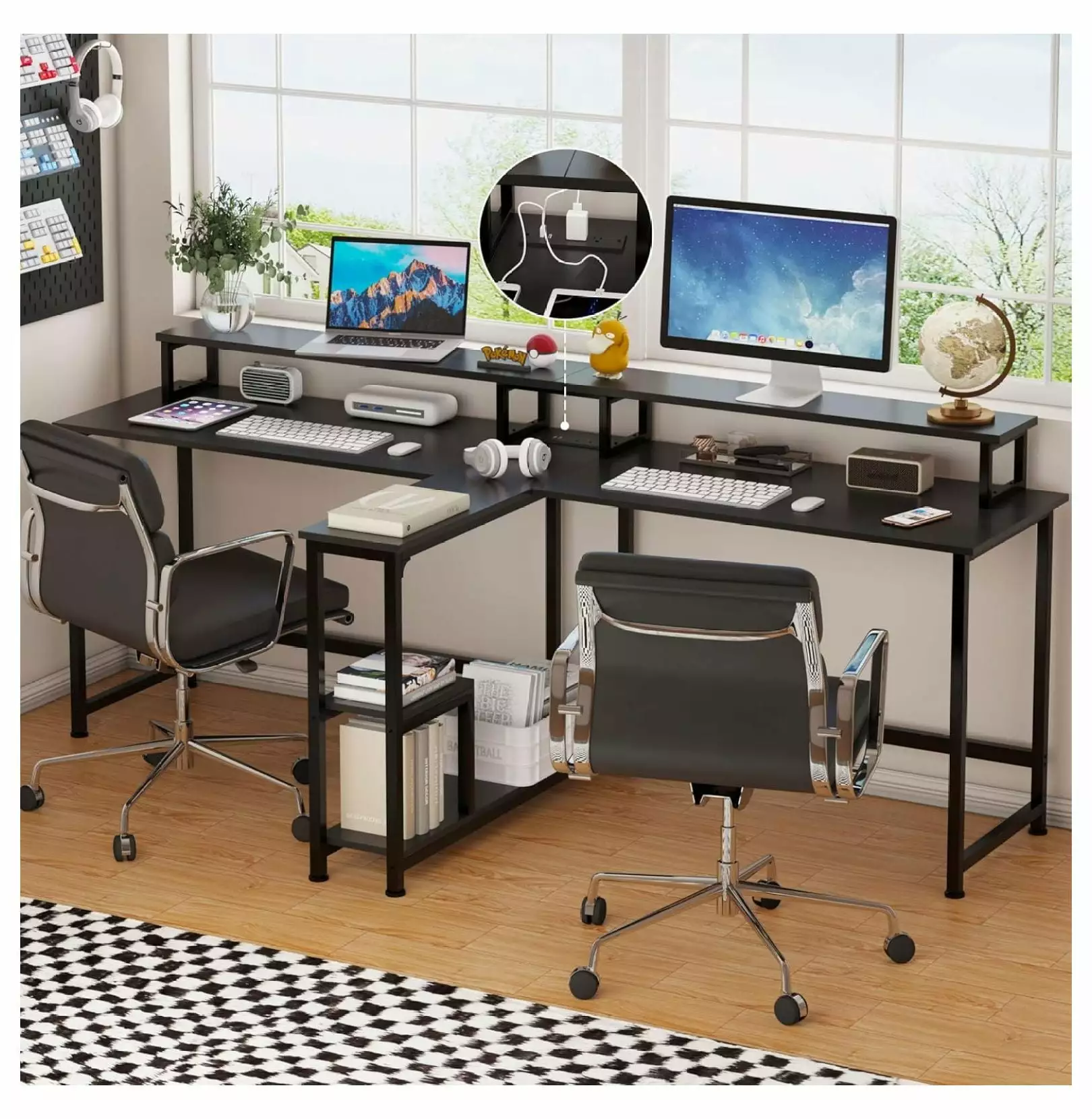 Killeryuki Two Person Desk 83.7 Inch Computer Office Double Desk Monitor Stand and Power Outlets Rustic Writing Desk Black