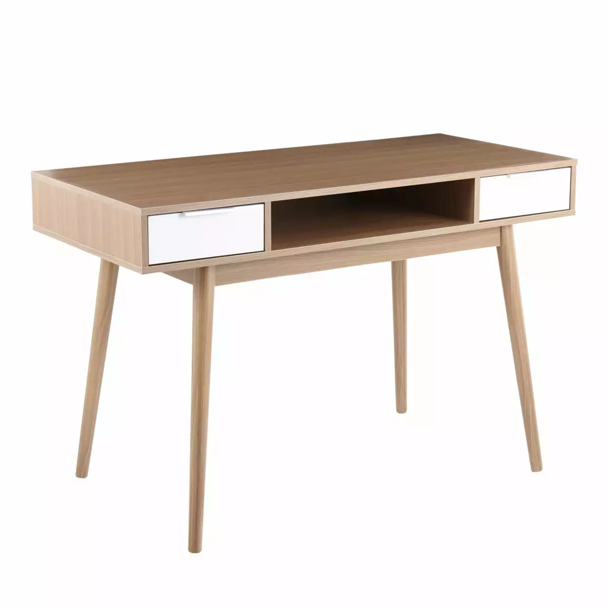 Pebble Contemporary Double Desk Natural Wood White Wood Drawers LumiSource