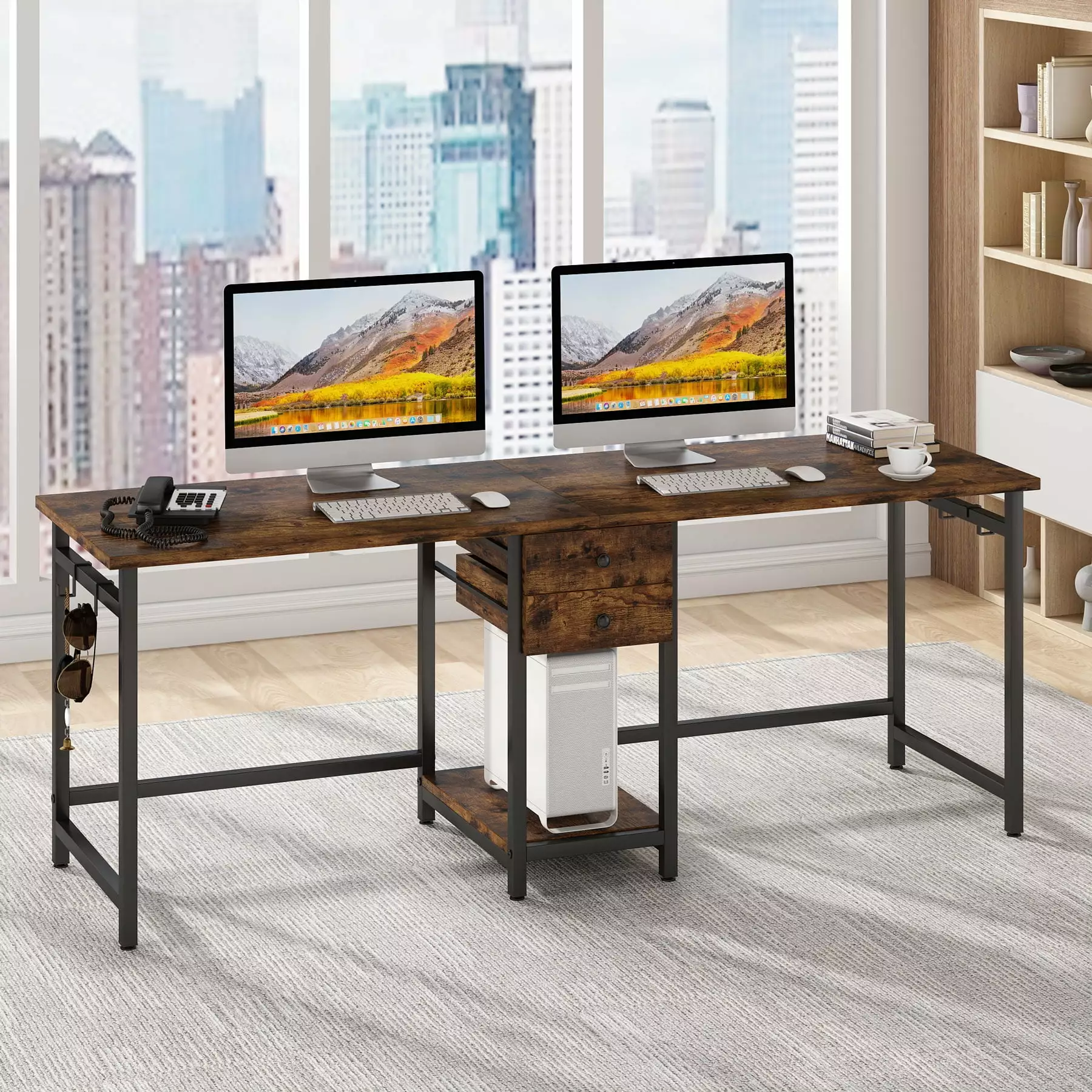 Tribesigns Double Computer Desk Drawers Storage Shelves Two Person Desk Home Office