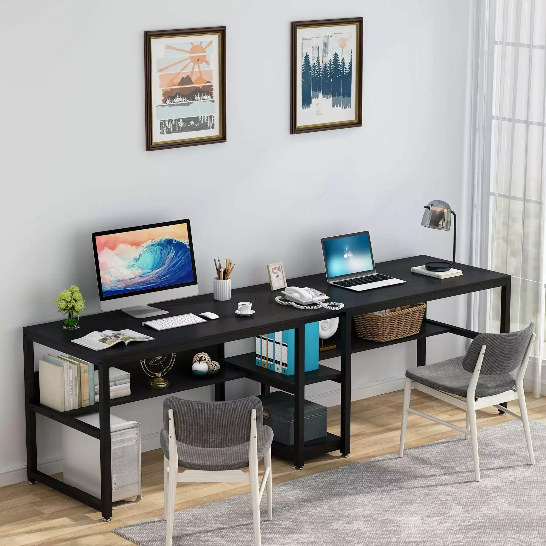 Tribesigns Two Person Desk 78.7 Double Desk Home Office Shelf