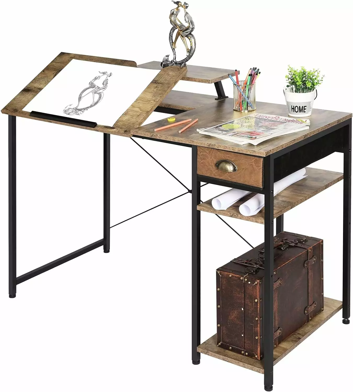 X-cosrack 43 Inch Adjustable Height Wood Drafting Desk Tiltable Top and Drawer Home Office Art Craft