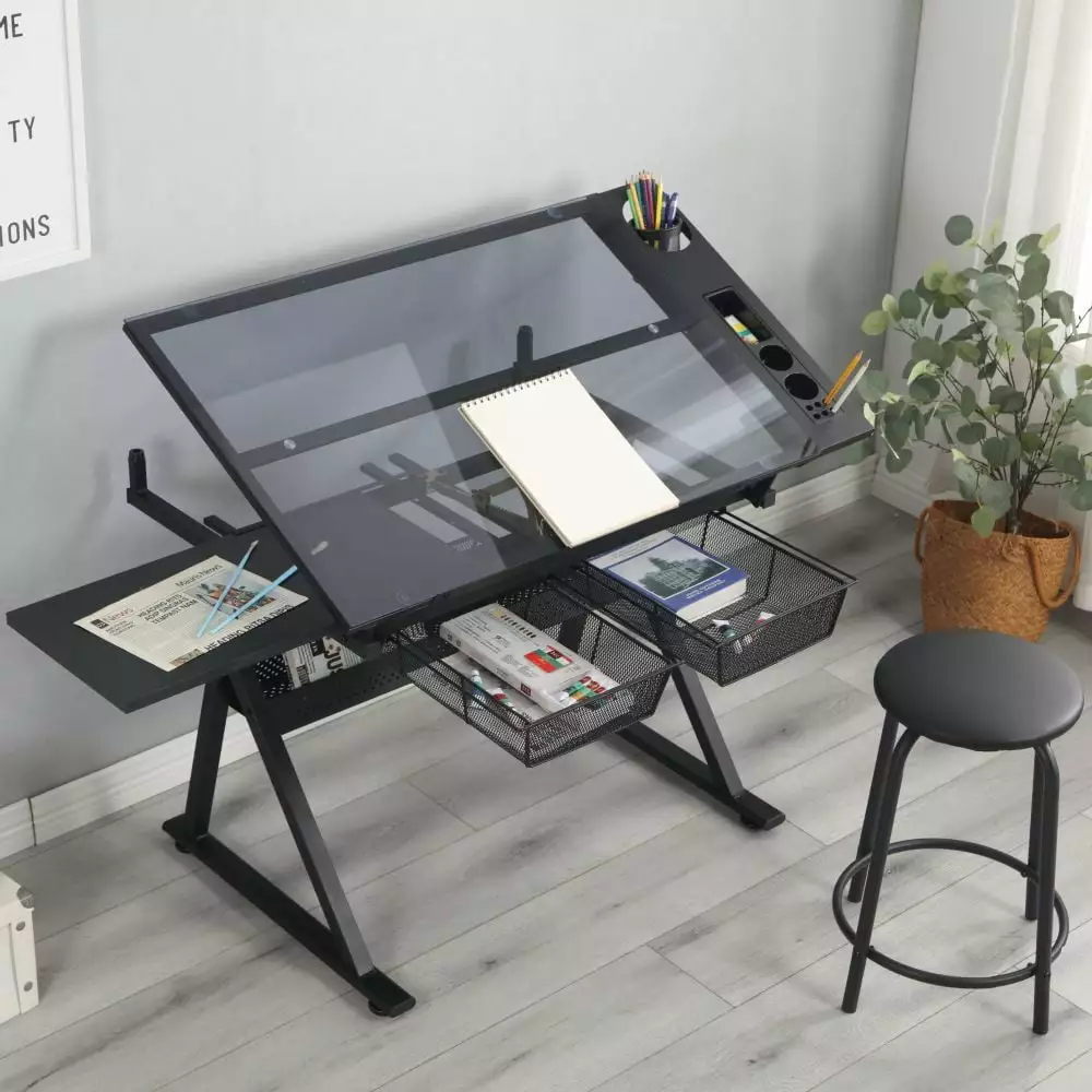 IVV Height Adjustable Drafting Table Stool Set and Tilting Glass Top Artists