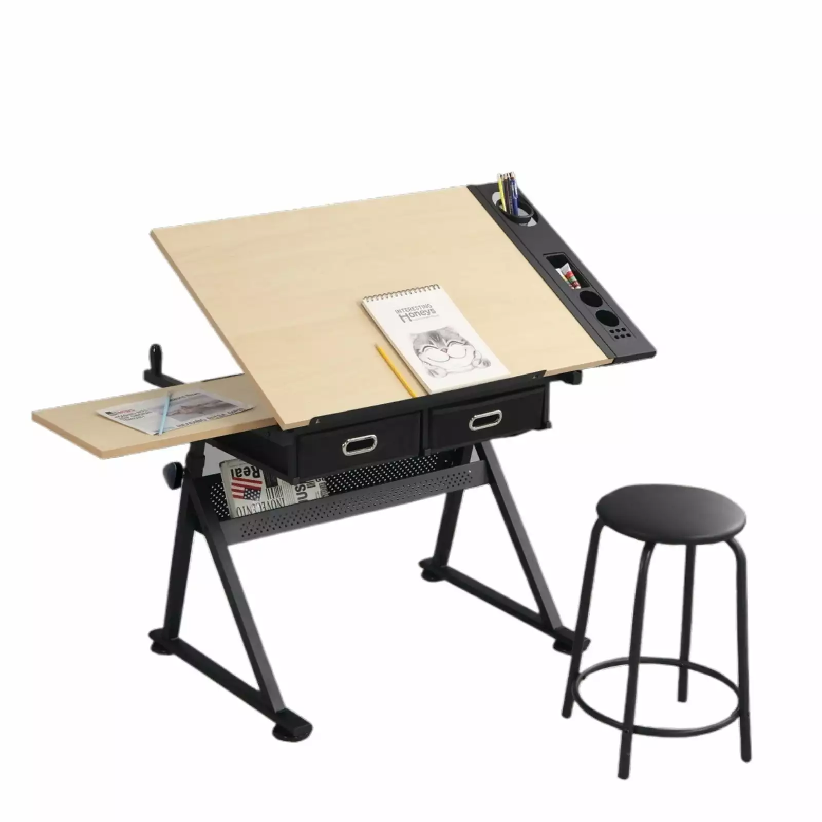 Adjustable Drawing Drafting Table Desk 2 Drawers and Stool Home Office and School PKEOTXP