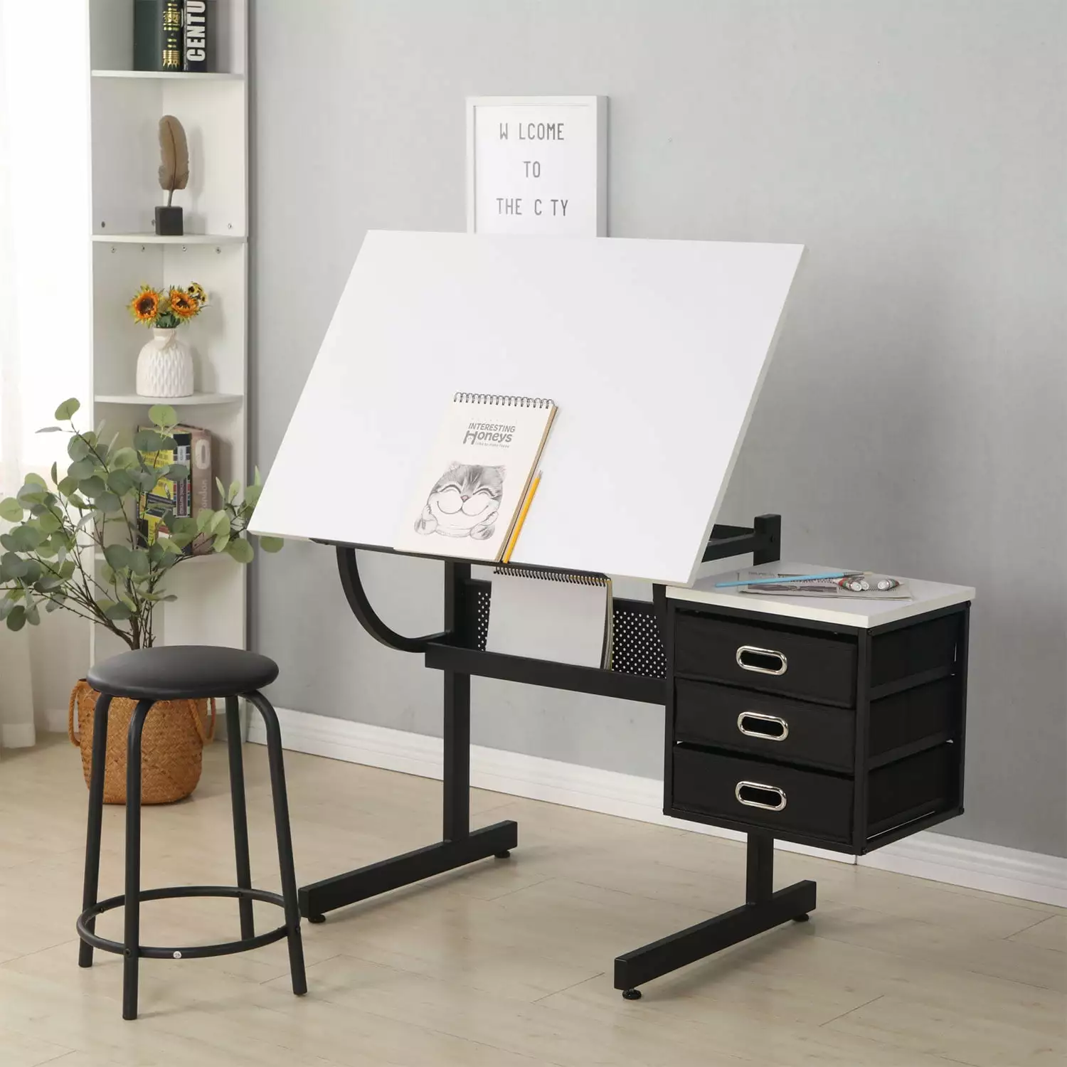 Royard Oaktree Drafting Table Adjustable Tabletop Stool 3-Drawer Side Cabinet White