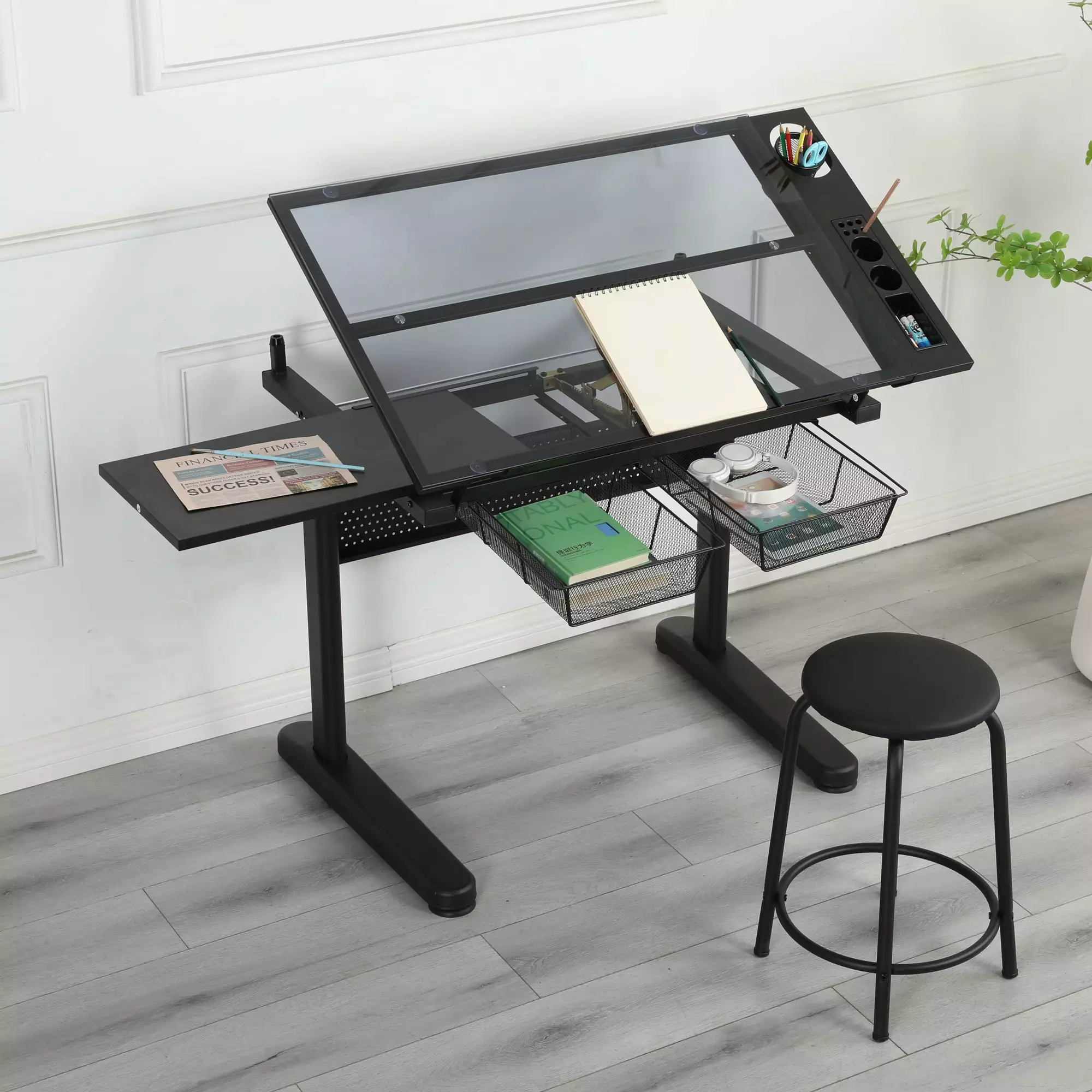 Hand Crank Adjustable Drafting Table Drawing Desk 2 Metal Drawers and Stool Black SMHZ