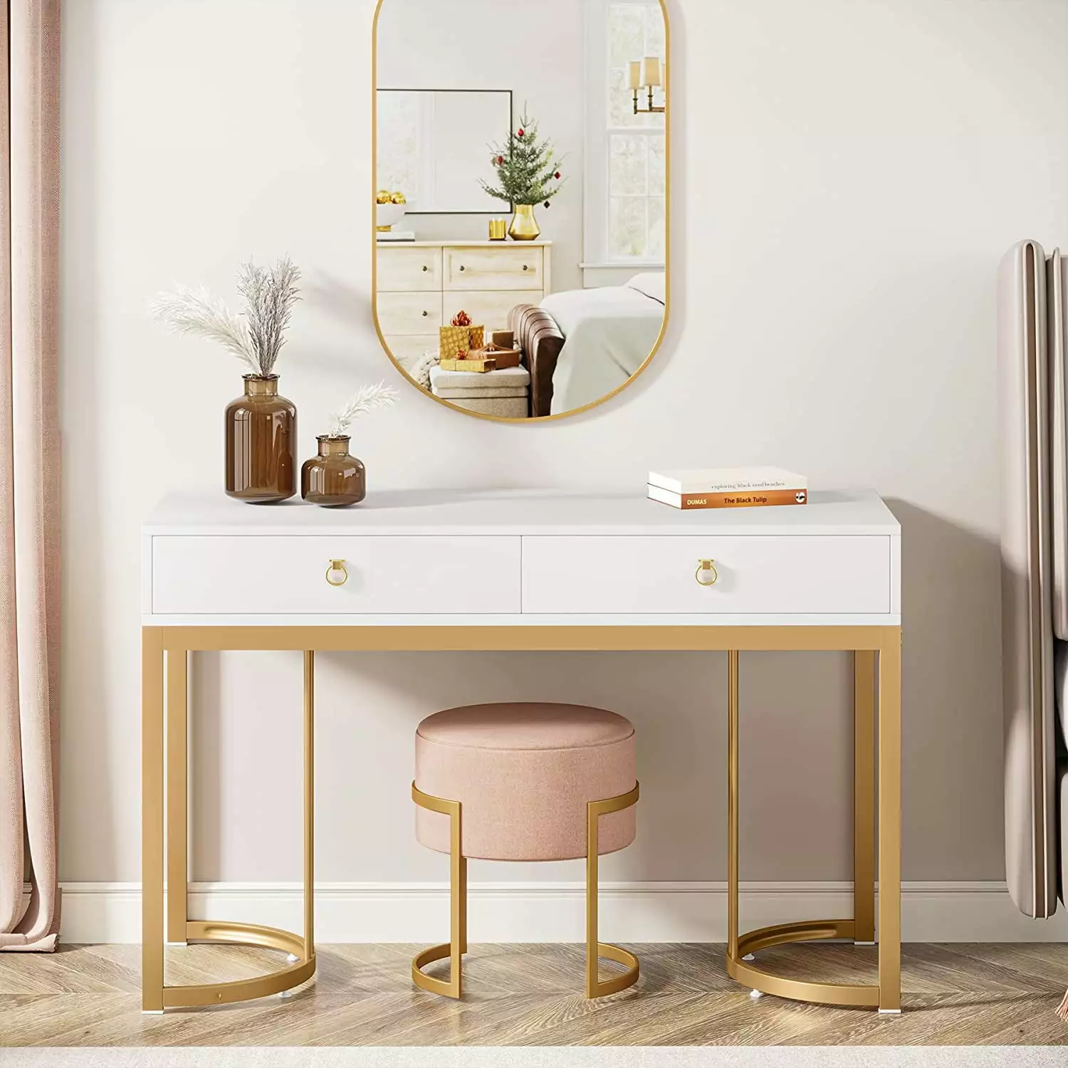 Tribesigns 47 inch Modern Simple Computer Desk 2 Drawers - White Large Desktop Golden Frame