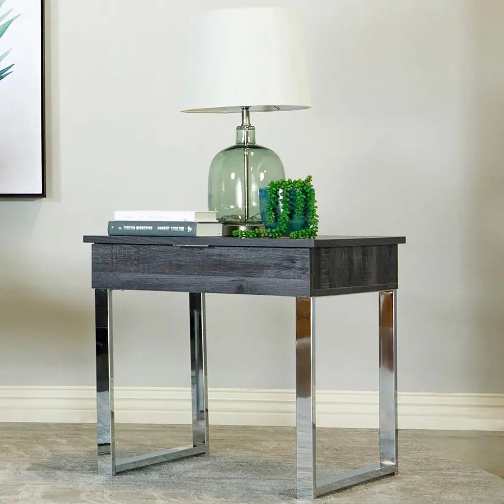 Dark Charcoal and Chrome 1 Drawer End Table Grey Distressed Finish furniture max