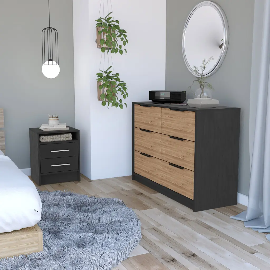 Orleans 2 Piece Bedroom Set Nightstand and Dresser Black and Light Oak furniture max